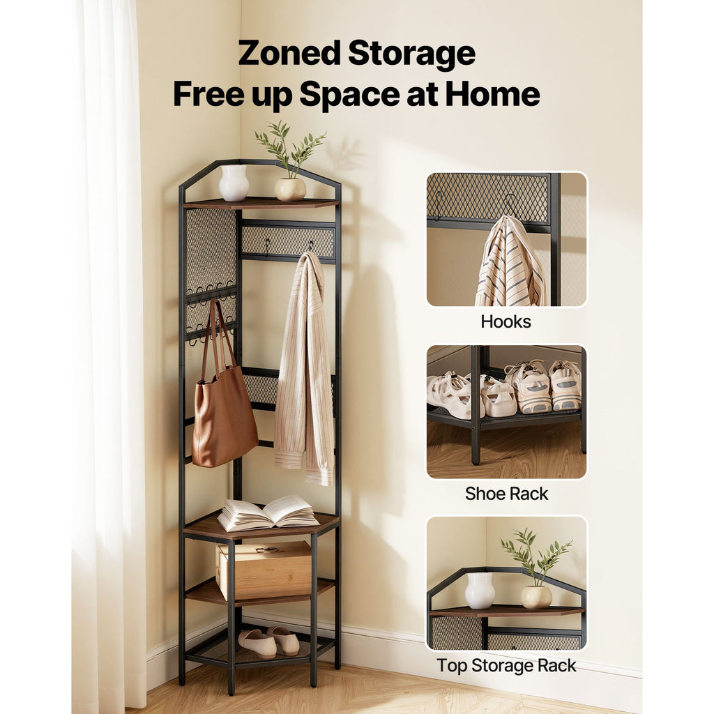 Space-Saving Corner Hall Tree with Hooks and Shoe Storage