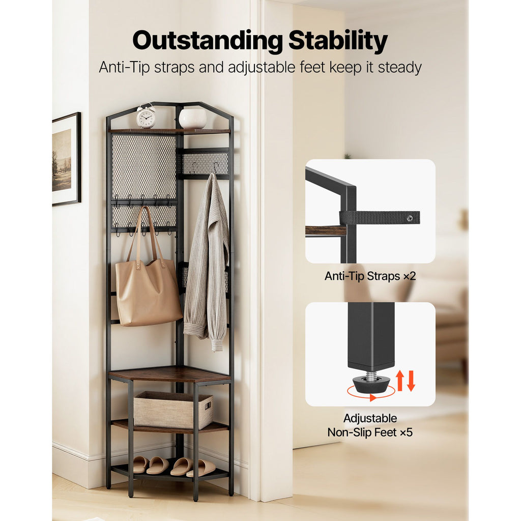 Space-Saving Corner Hall Tree with Hooks and Shoe Storage