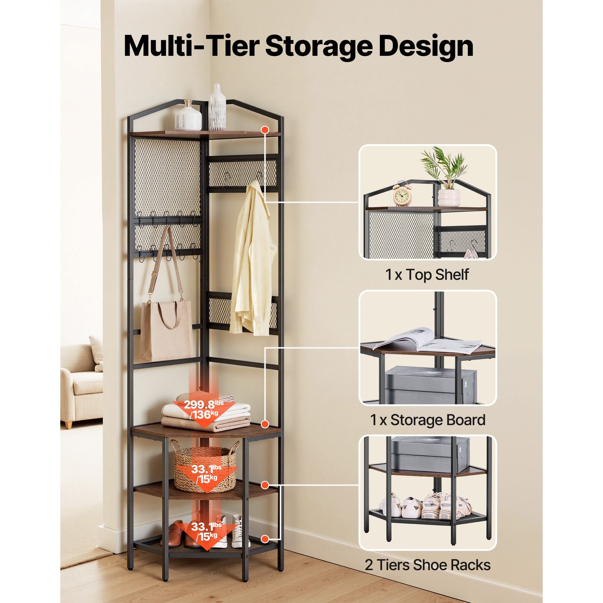 Space-Saving Corner Hall Tree with Hooks and Shoe Storage