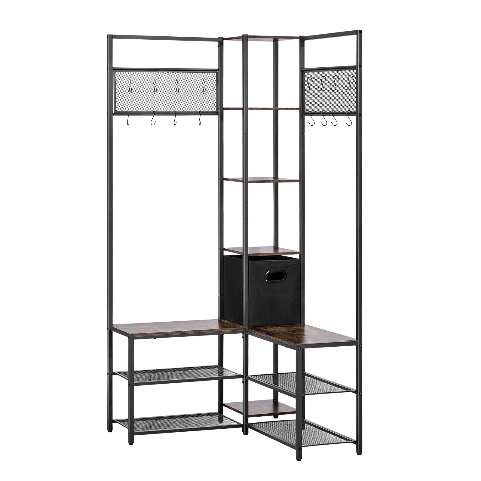 Corner Coat Rack with Shoe Bench and Adjustable Hooks
