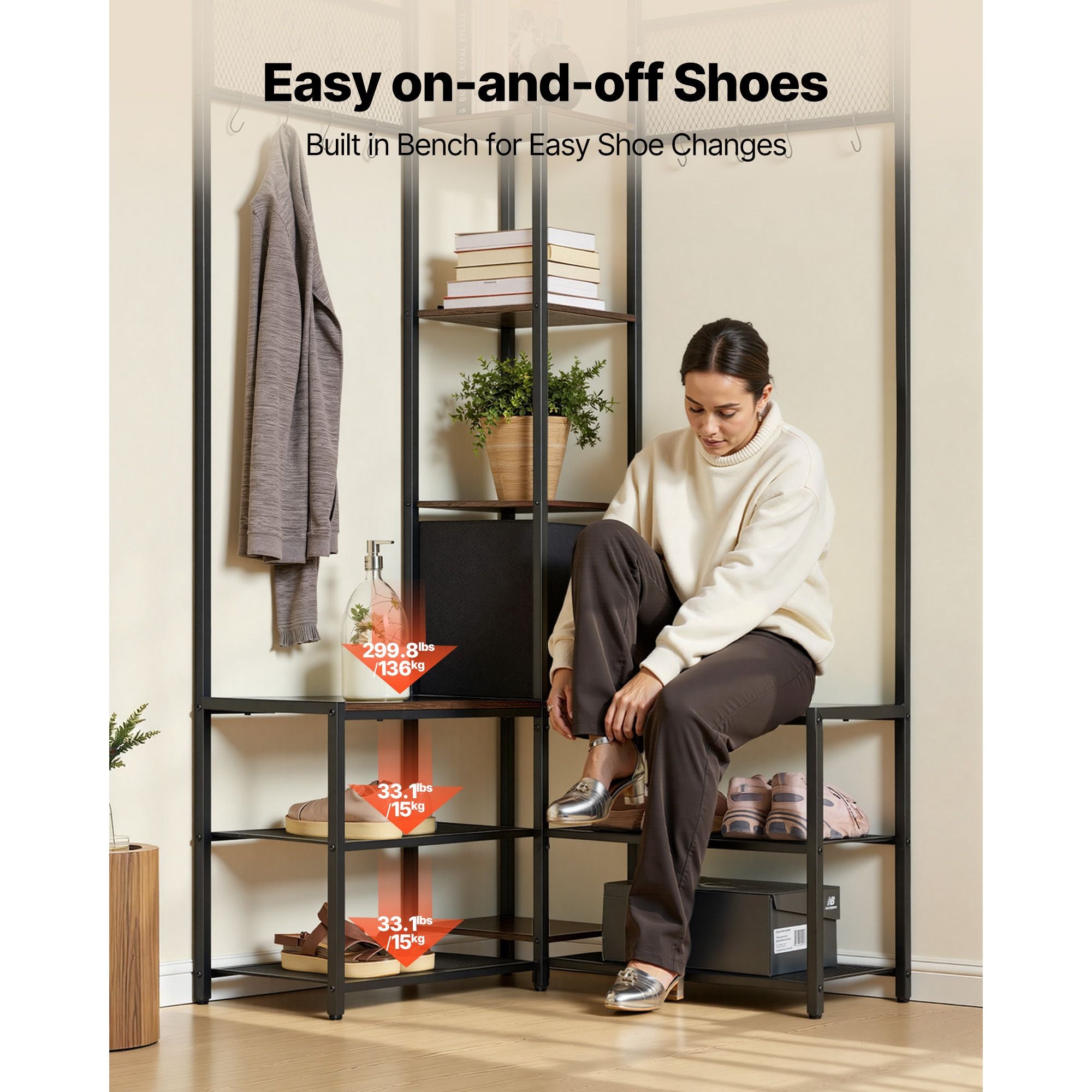 Corner Coat Rack with Shoe Bench and Adjustable Hooks