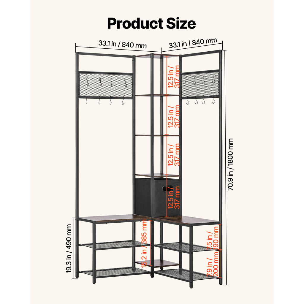 Corner Coat Rack with Shoe Bench and Adjustable Hooks