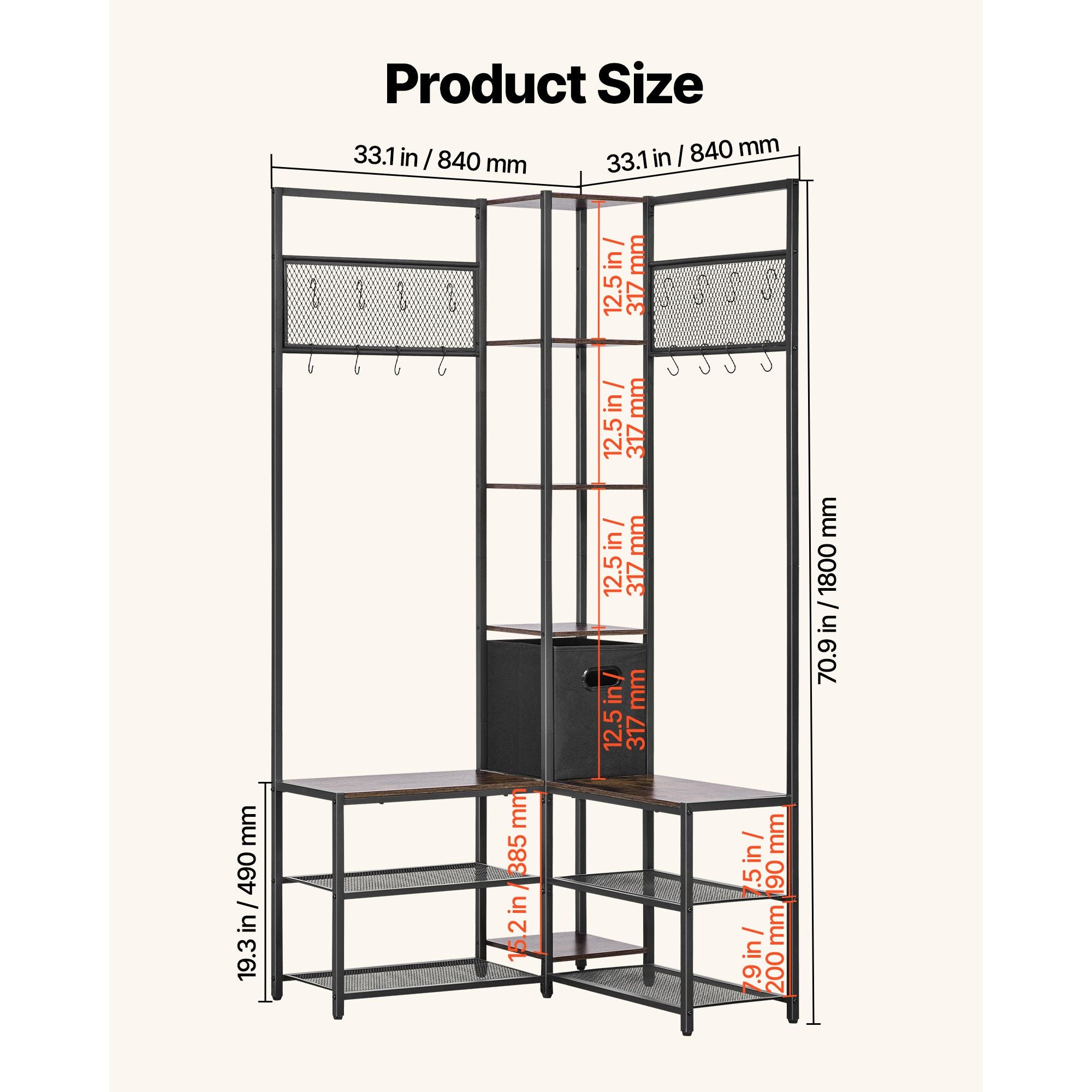 Corner Coat Rack with Shoe Bench and Adjustable Hooks