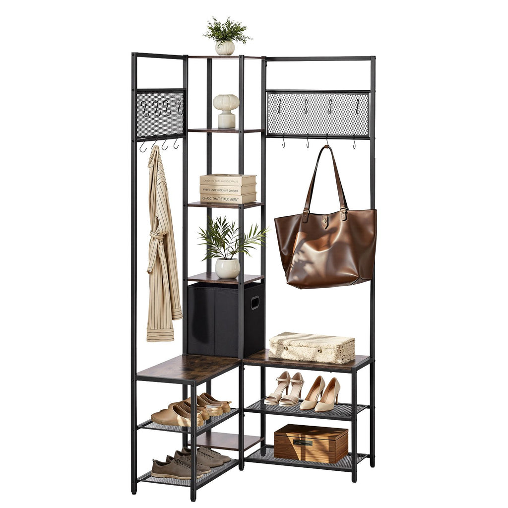 Corner Coat Rack with Shoe Bench and Adjustable Hooks