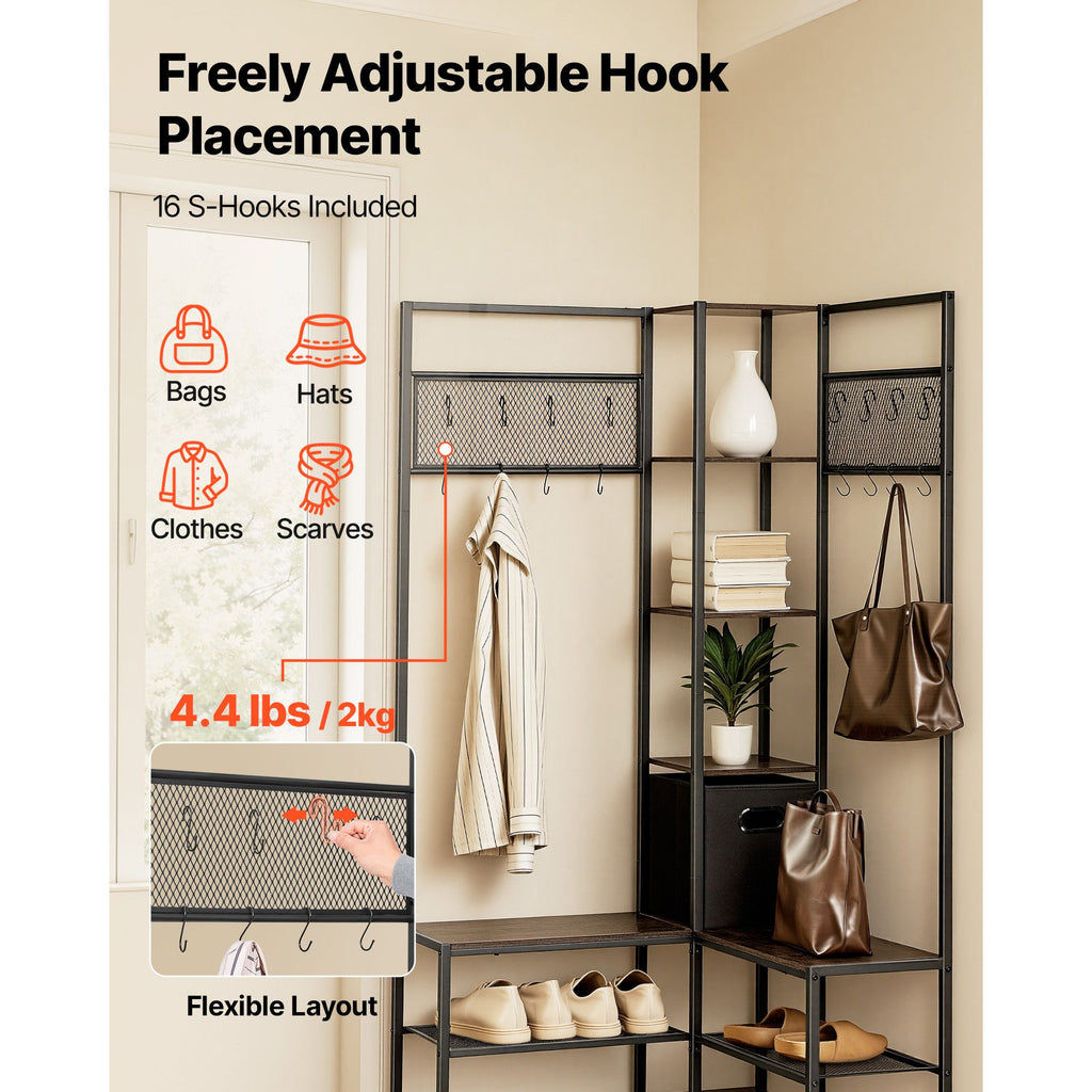 Corner Coat Rack with Shoe Bench and Adjustable Hooks