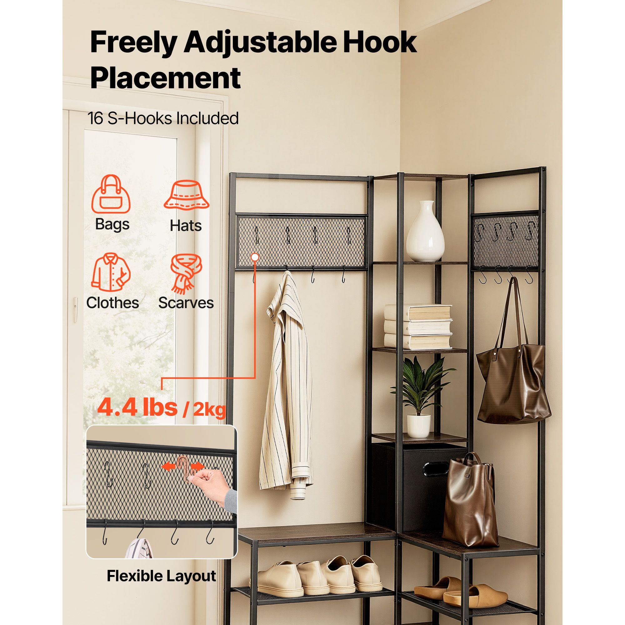Corner Coat Rack with Shoe Bench and Adjustable Hooks