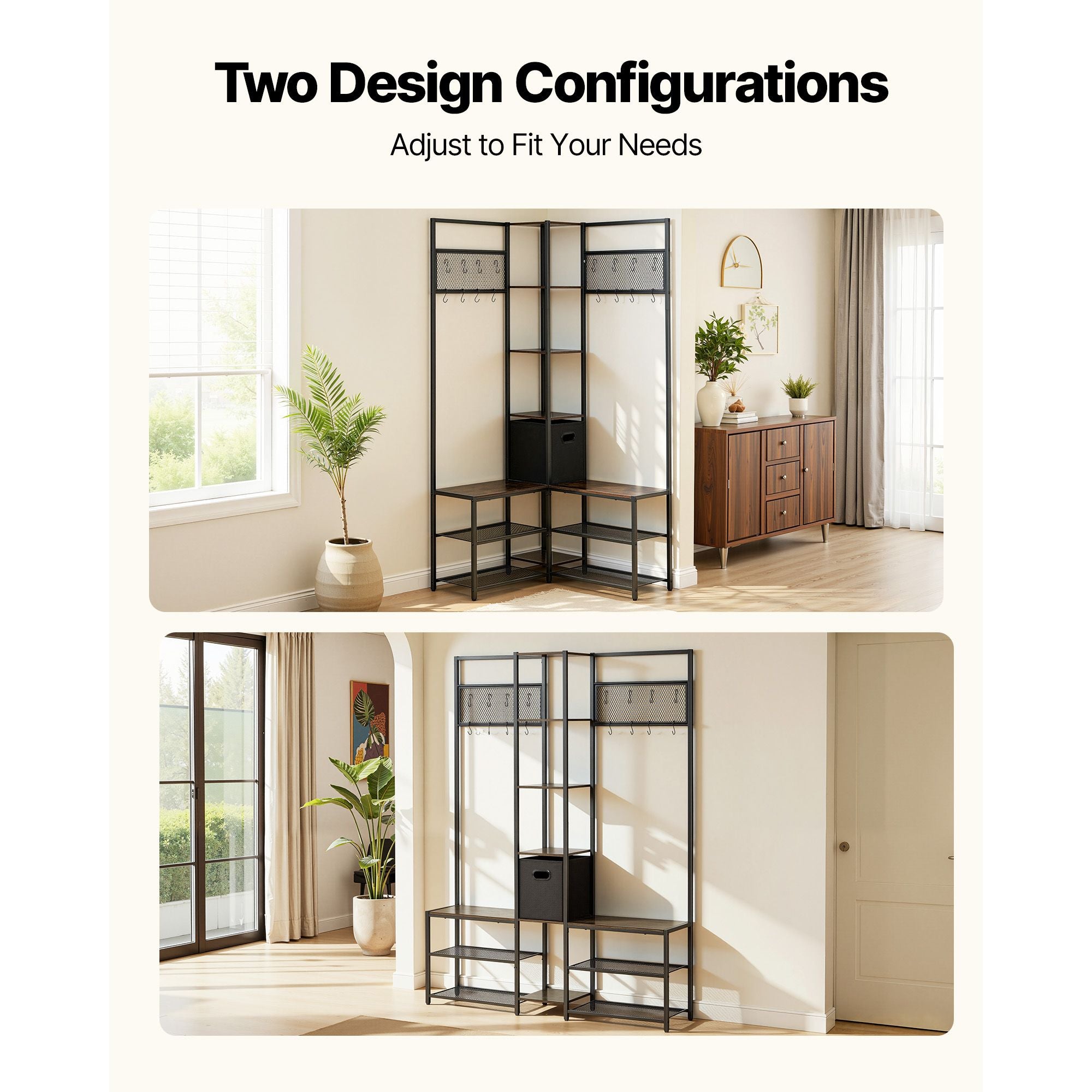 Corner Coat Rack with Shoe Bench and Adjustable Hooks