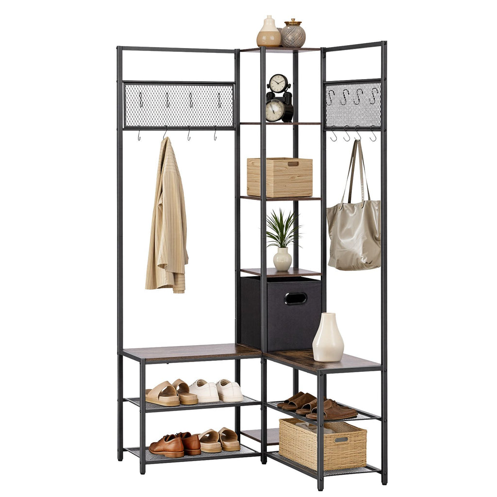 Corner Coat Rack with Shoe Bench and Adjustable Hooks