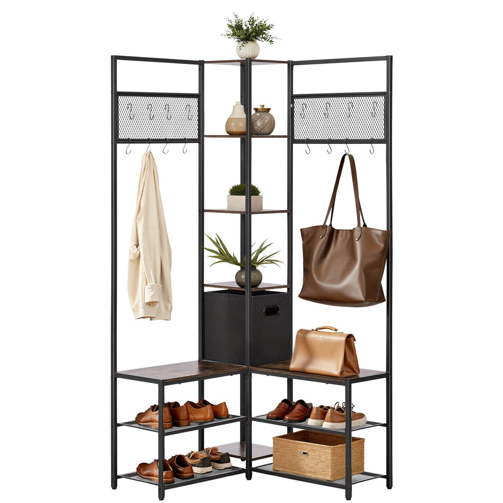 Corner Coat Rack with Shoe Bench and Adjustable Hooks