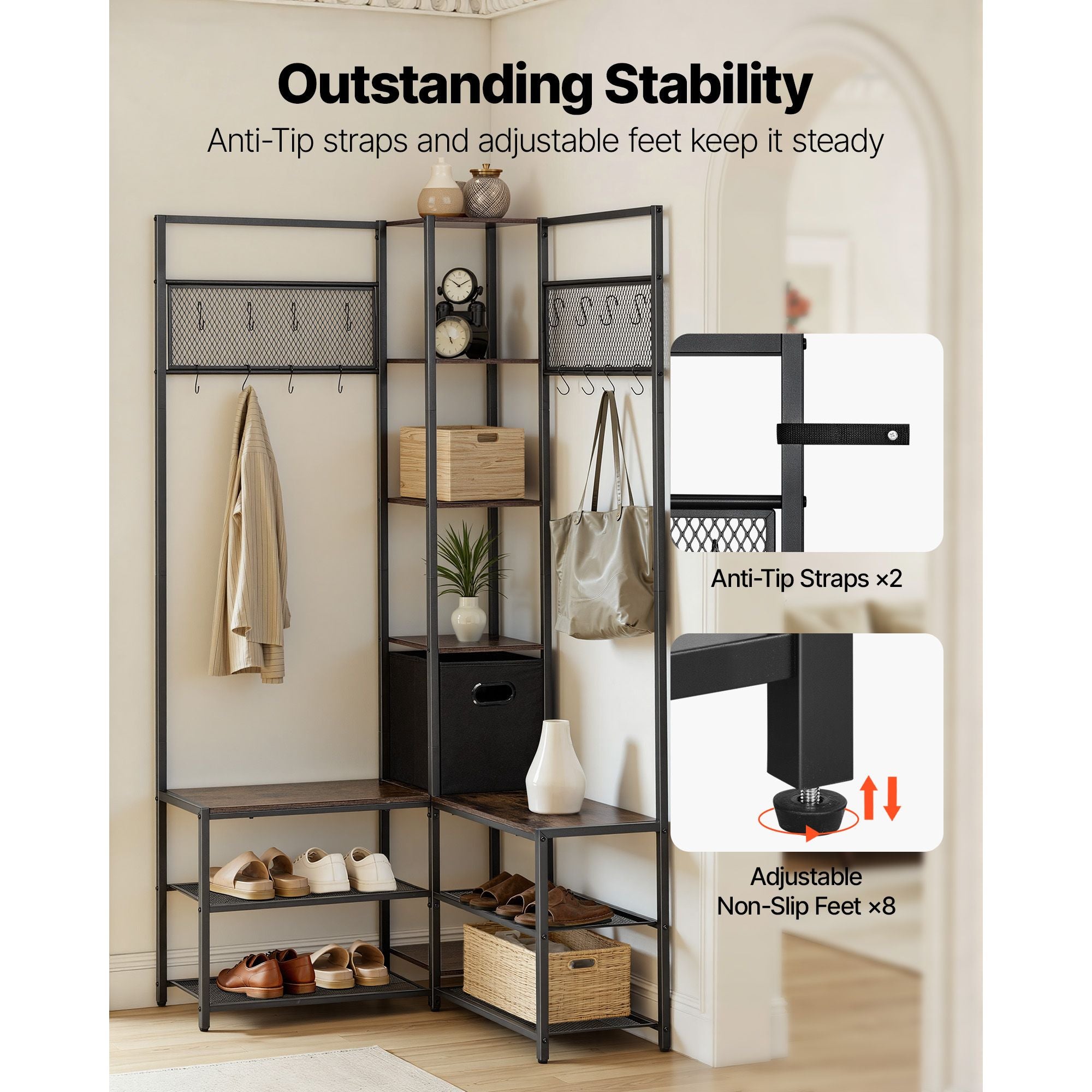 Corner Coat Rack with Shoe Bench and Adjustable Hooks