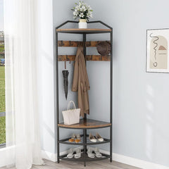 Corner Hall Tree with Shoe Bench and 10 Hooks for Entryway