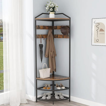 Corner Hall Tree with Shoe Bench and 10 Hooks for Entryway