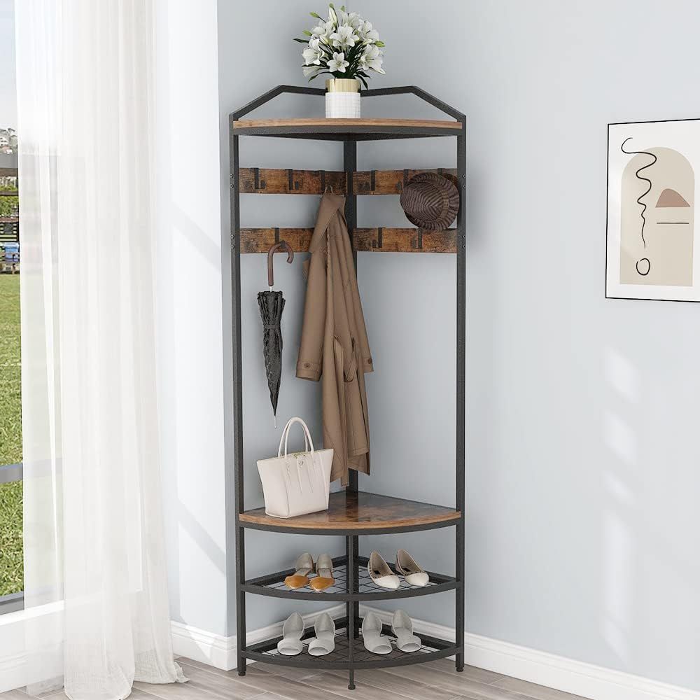 Corner Hall Tree with Shoe Bench and 10 Hooks for Entryway