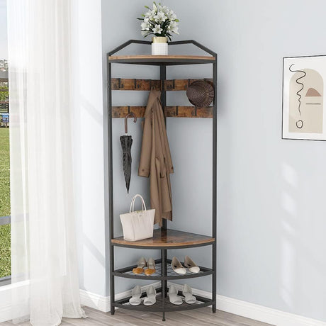 Corner Hall Tree with Shoe Bench and 10 Hooks for Entryway