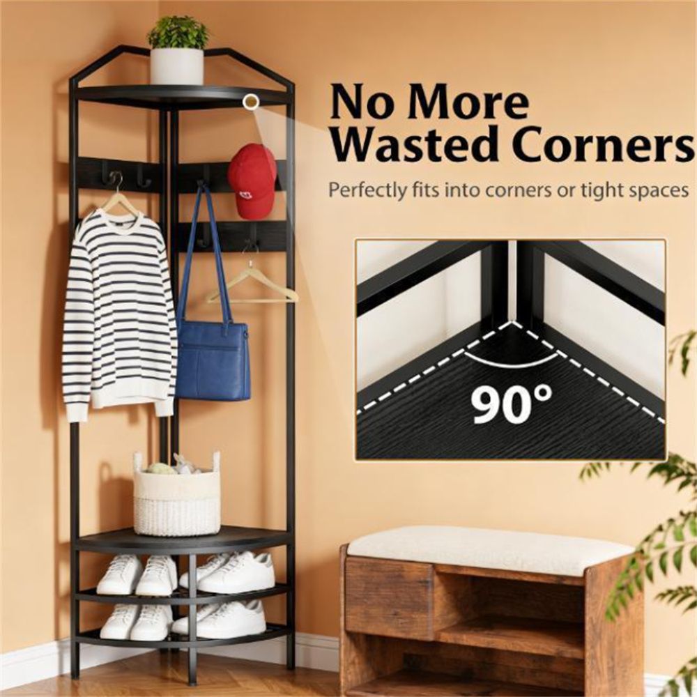 Corner Clothes Hanger with Shoe Cabinet and Storage Shelves
