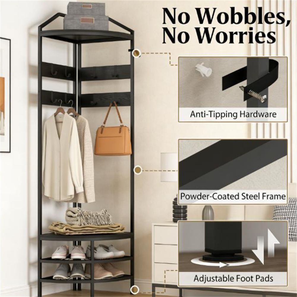 Corner Clothes Hanger with Shoe Cabinet and Storage Shelves