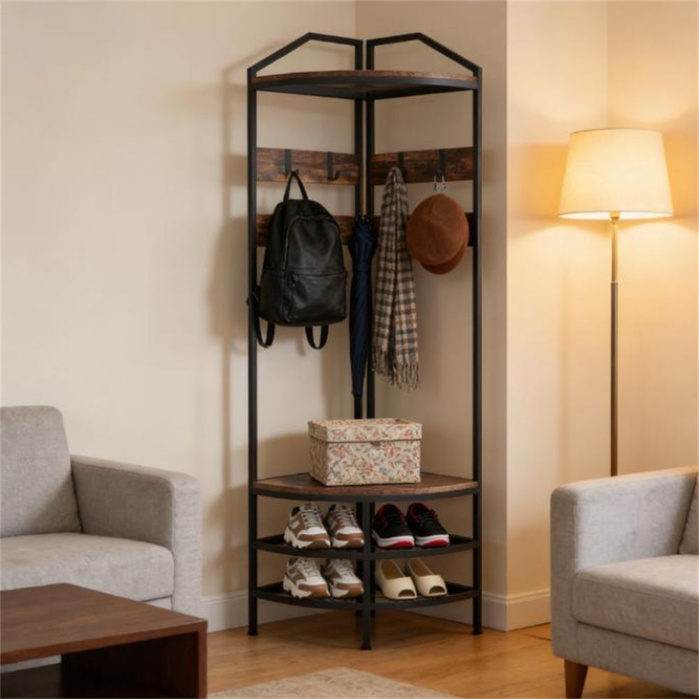 Industrial Corner Hall Tree with Hooks and Shoe Rack