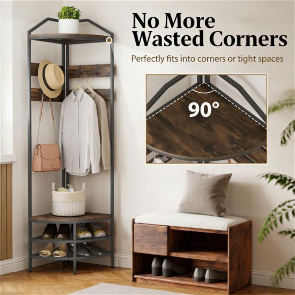 Industrial Corner Hall Tree with Hooks and Shoe Rack