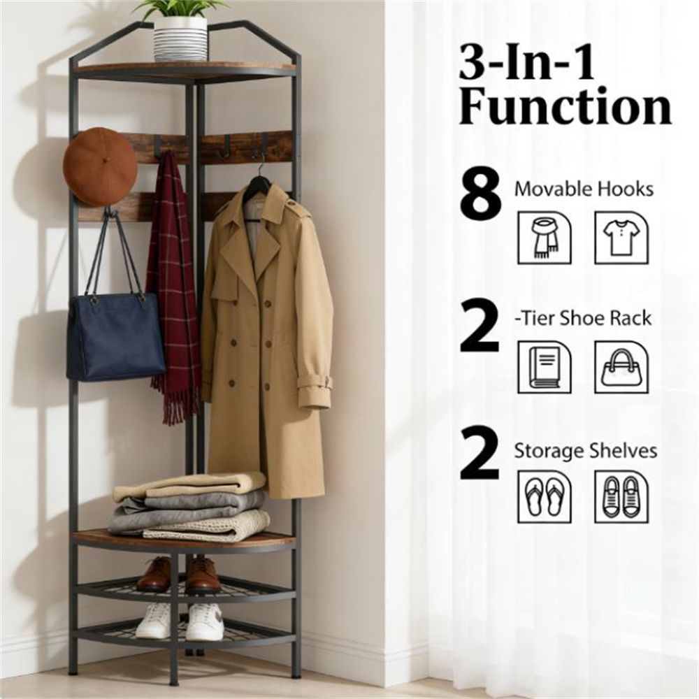 Industrial Corner Hall Tree with Hooks and Shoe Rack