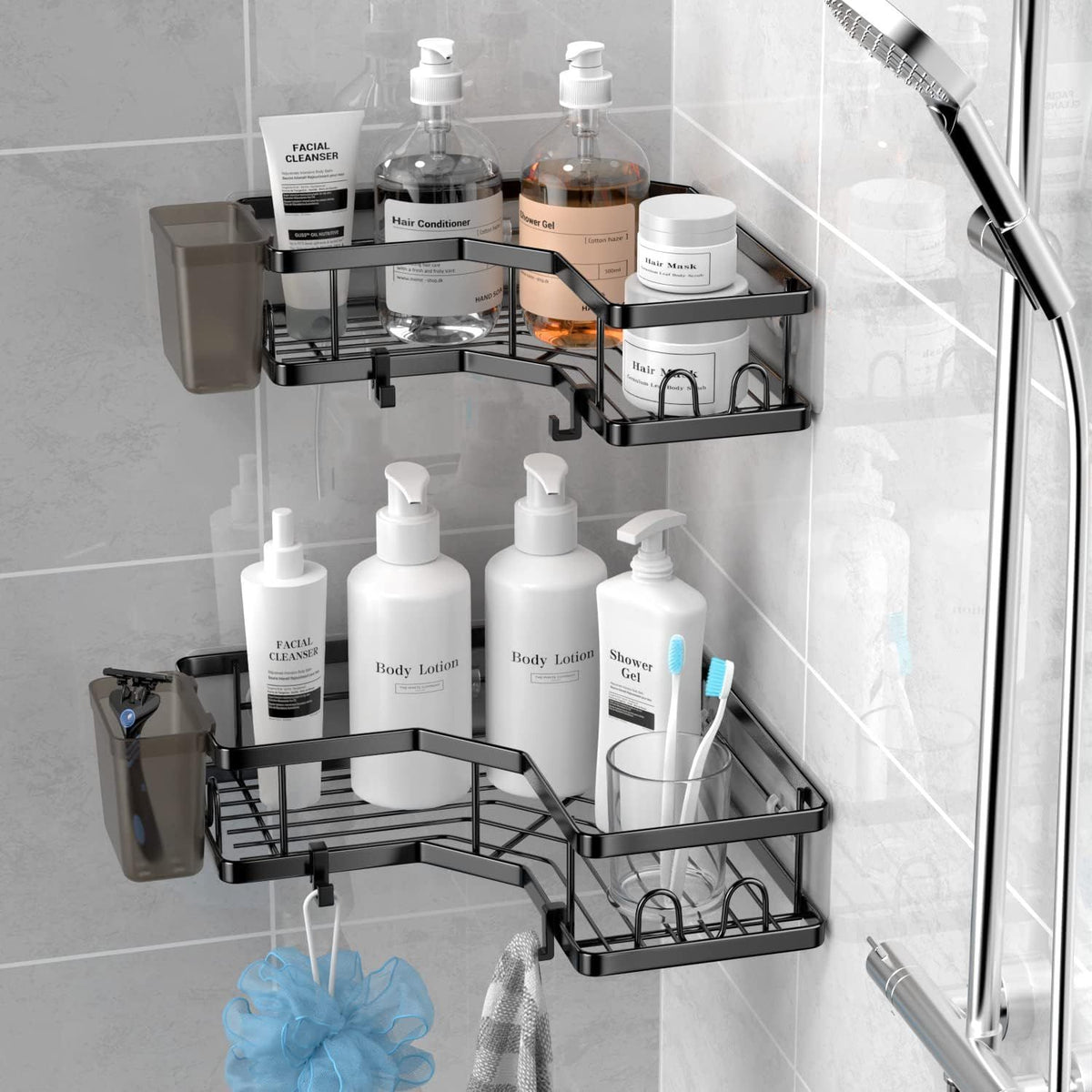Two-Piece Corner Shower Caddy Set With No-Drilling Adhesive Mounts