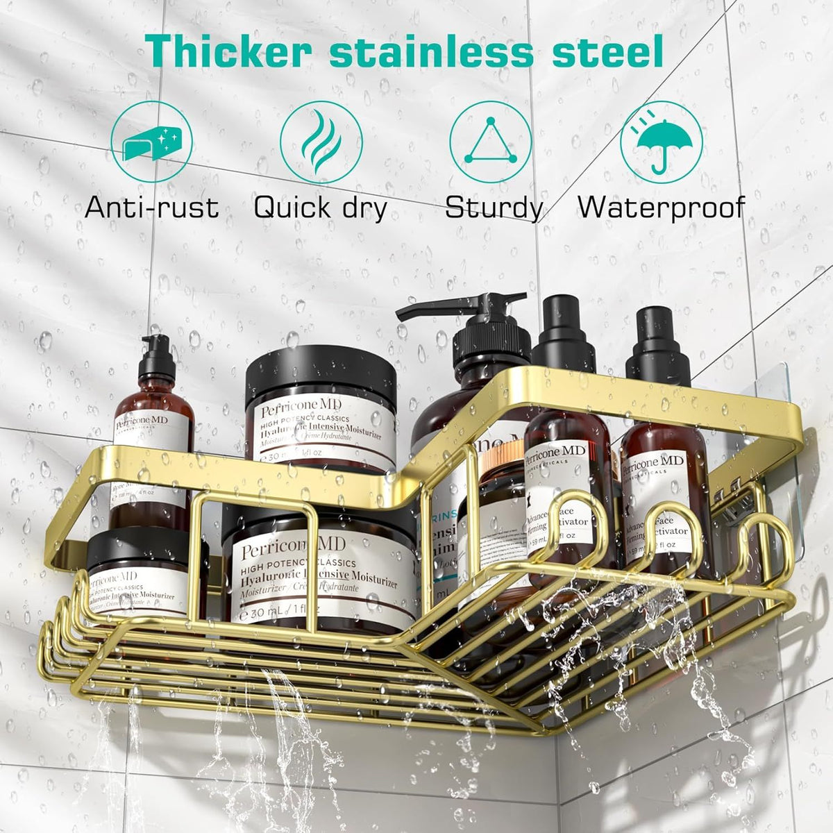 Adhesive Corner Shower Caddy 3-Pack with Soap Holder and 12 Hooks
