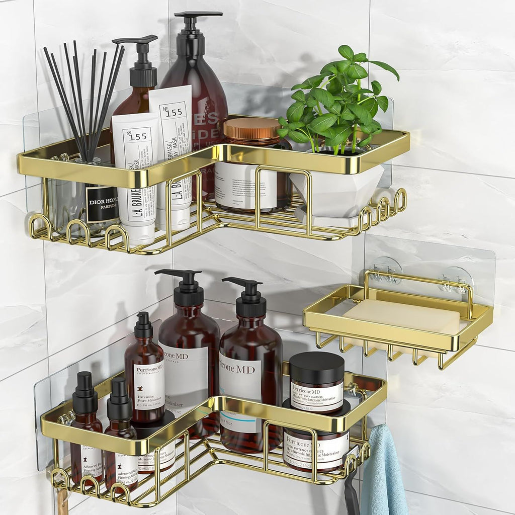 Adhesive Corner Shower Caddy 3-Pack with Soap Holder and 12 Hooks
