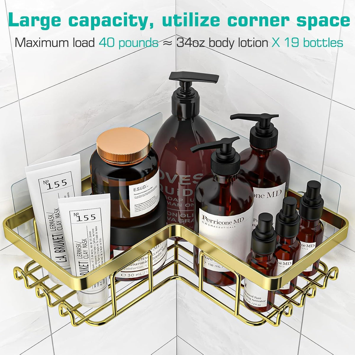 Adhesive Corner Shower Caddy 3-Pack with Soap Holder and 12 Hooks