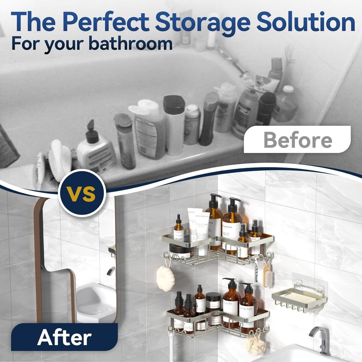 Adhesive Corner Shower Caddy Set with Soap Holder and Hooks