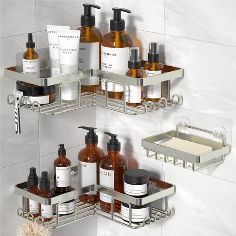 Adhesive Corner Shower Caddy Set with Soap Holder and Hooks