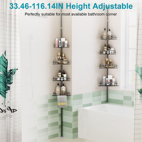 Adjustable Tension-Pole Corner Shower Caddy with Hooks