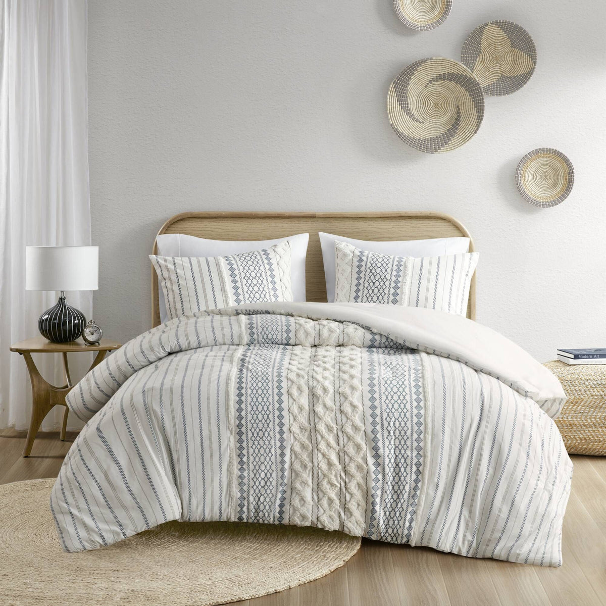 White and Navy Tufted Geometric Comforter Set