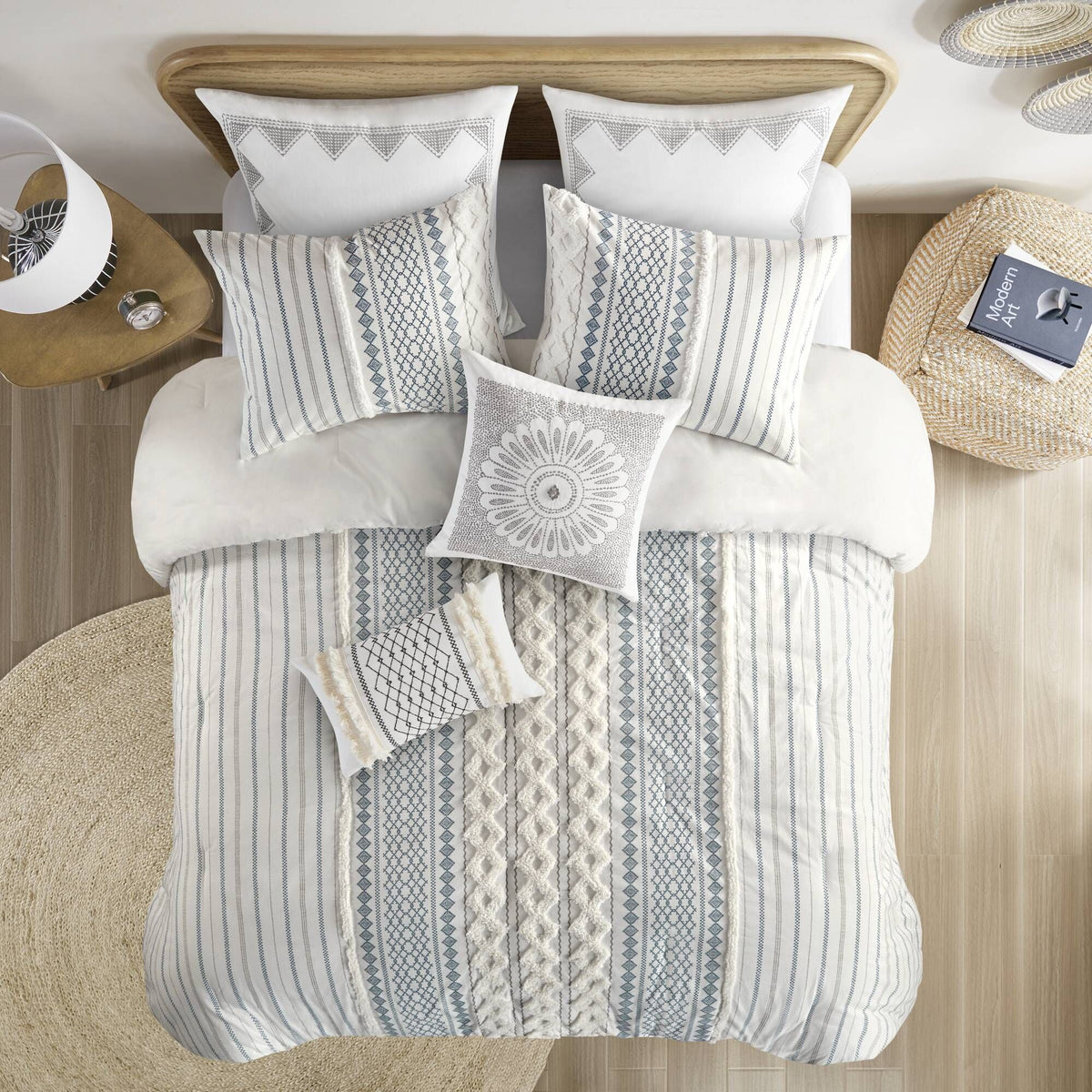 White and Navy Tufted Geometric Comforter Set