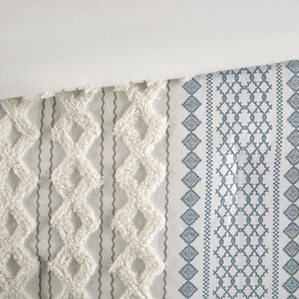 White and Navy Tufted Geometric Comforter Set