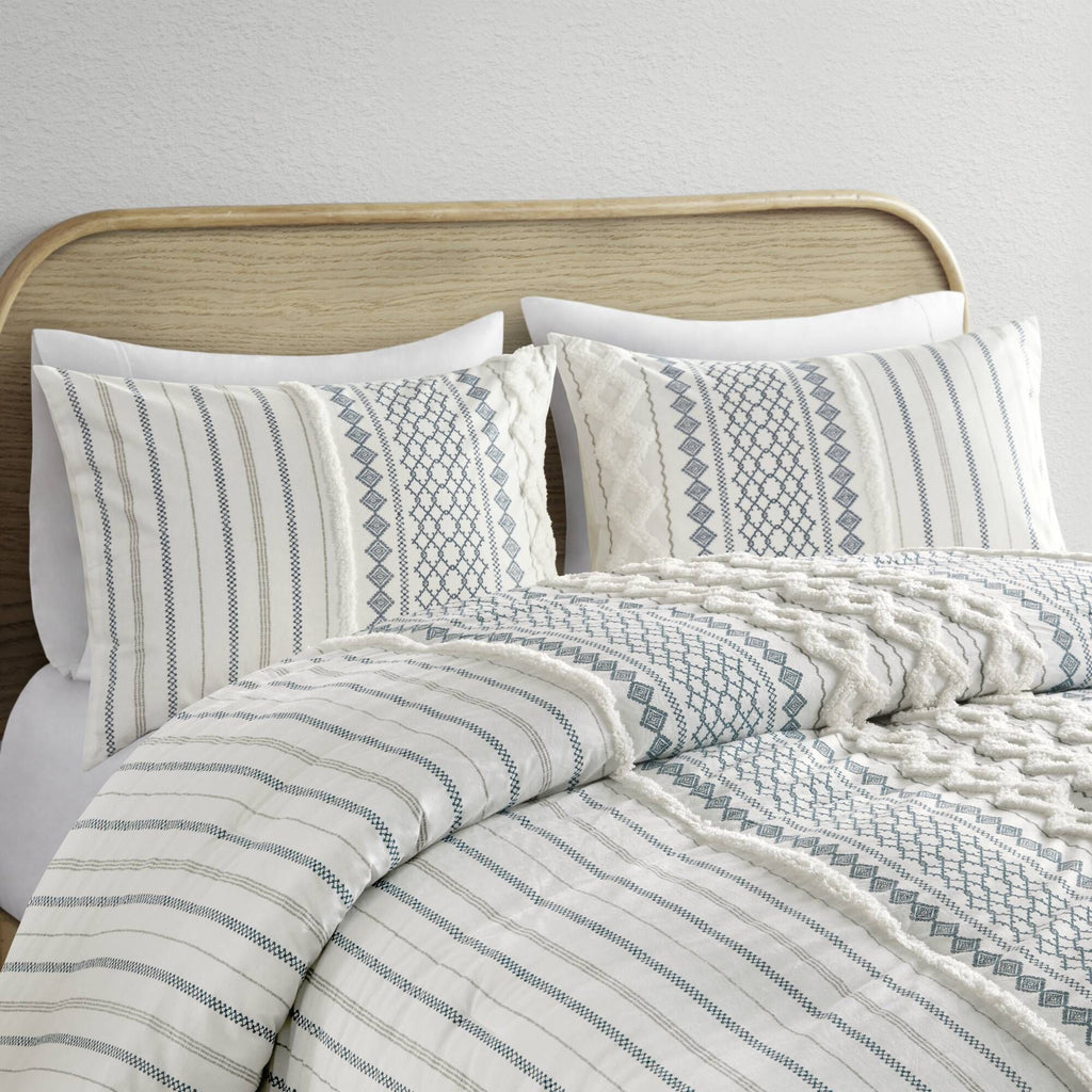 White and Navy Tufted Geometric Comforter Set
