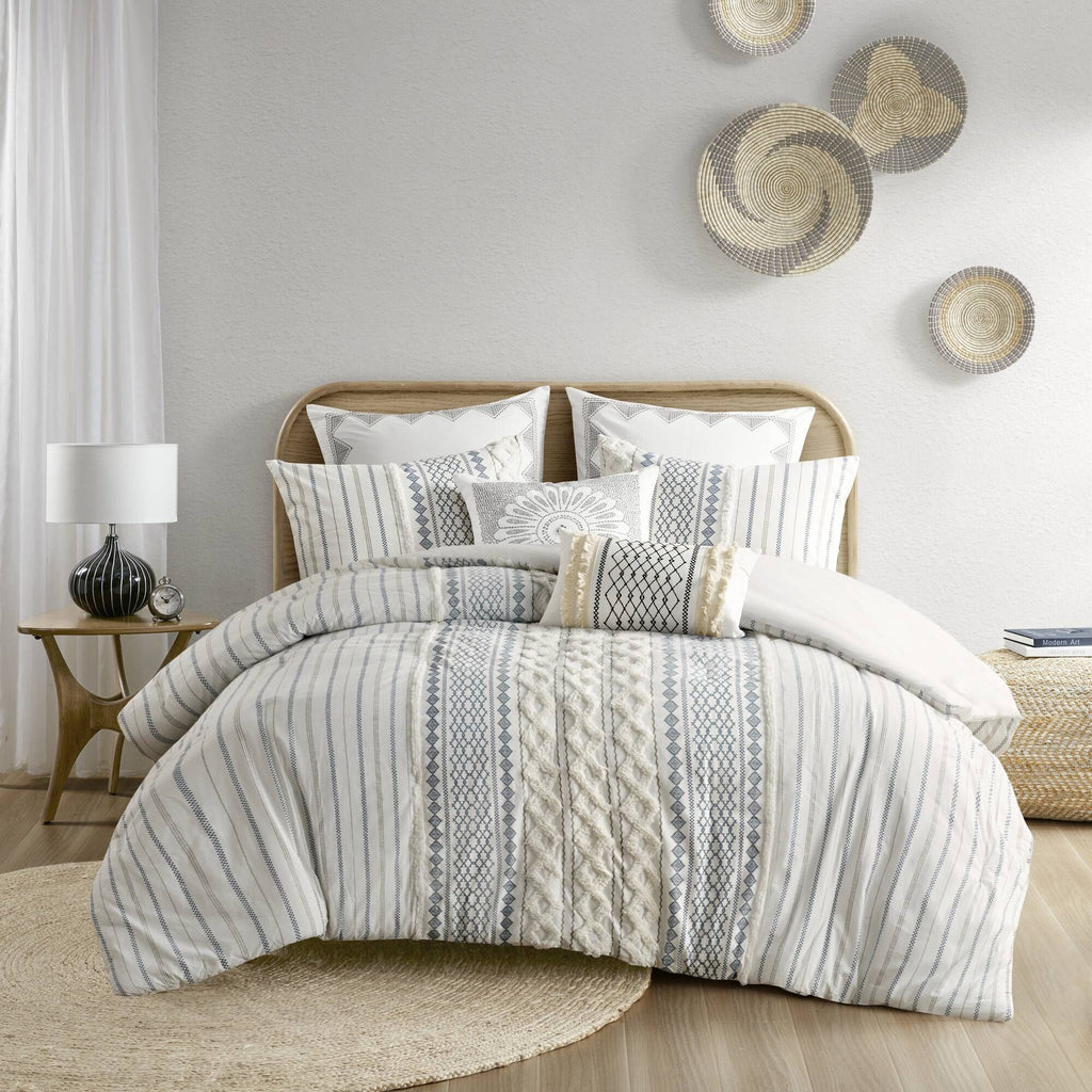 White and Navy Tufted Geometric Comforter Set