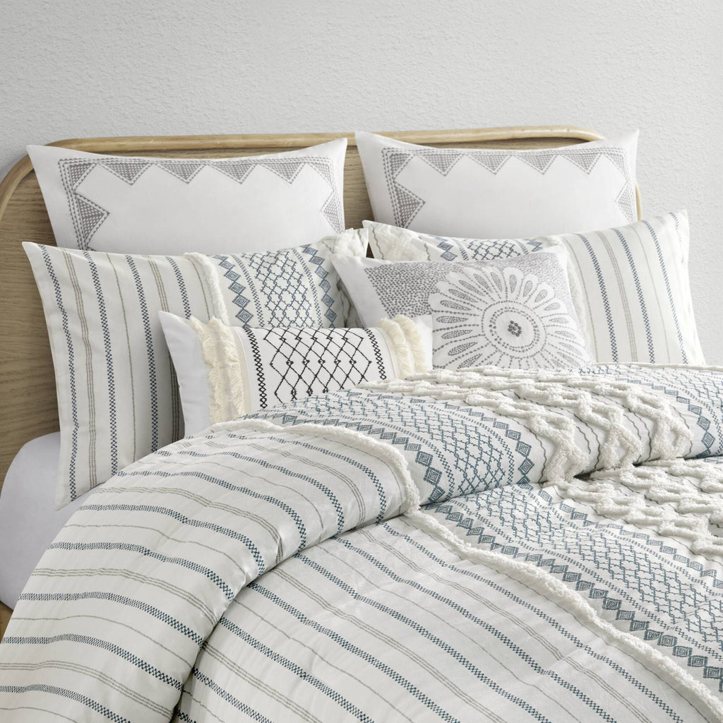 White and Navy Tufted Geometric Comforter Set