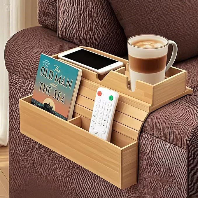 Couch Arm Tray, 3-in-1 Detachable Couch Cup Holder, Bamboo Sofa Armrest Table with Anti-Slip Pad, So