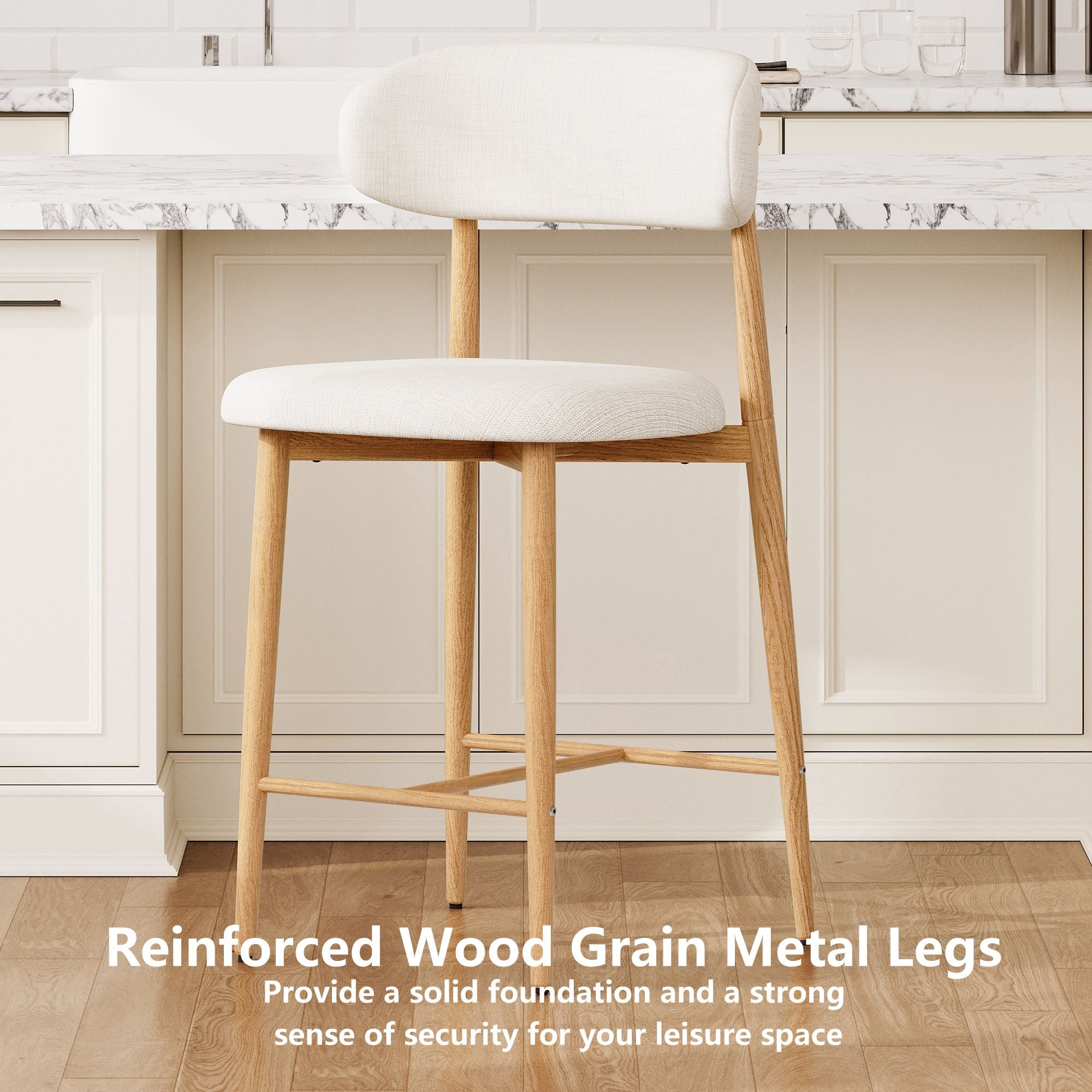 Set of 2 Upholstered Counter Height Bar Stools with Metal Legs – Beige