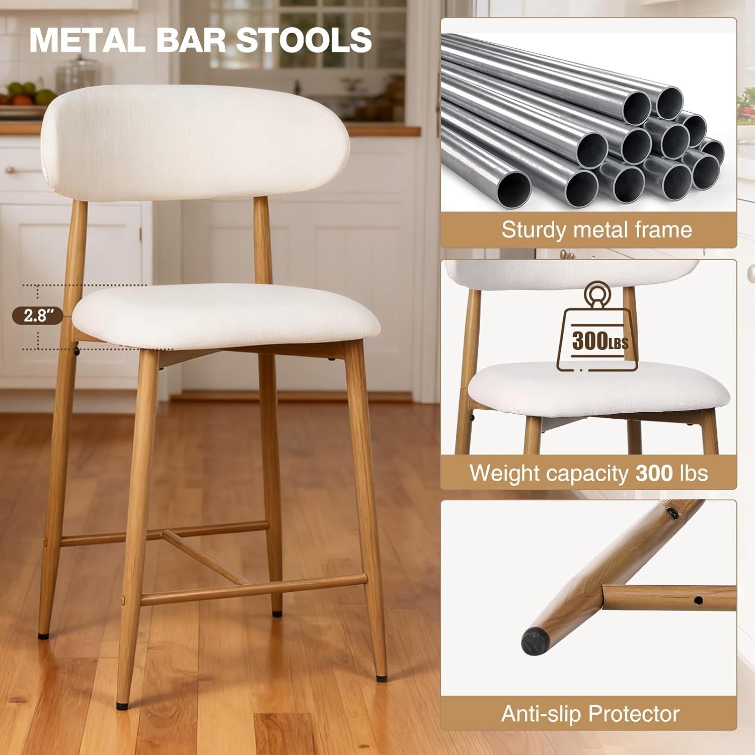 Set of 2 Upholstered Counter Height Bar Stools with Metal Legs – Beige