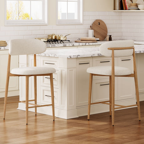 Set of 2 Upholstered Counter Height Bar Stools with Metal Legs – Beige