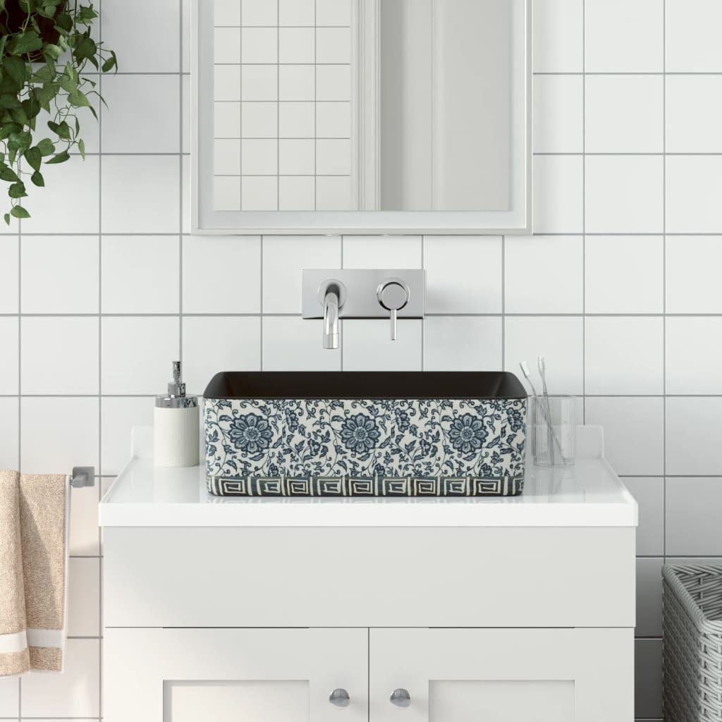 Handmade Black and Blue Patterned Countertop Basin