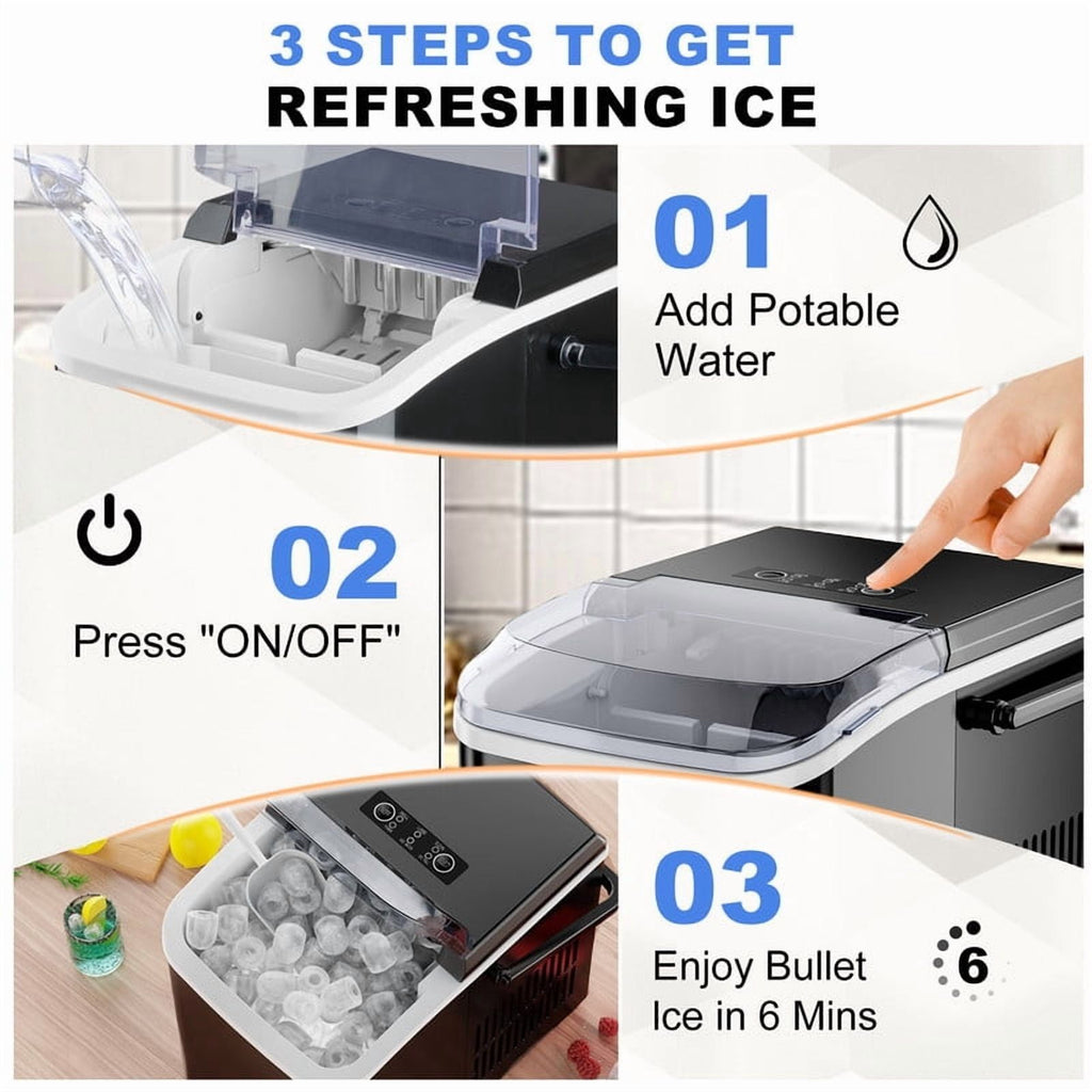Countertop Ice Maker: 9 Bullet Ice Cubes in 6 Mins, /24H, with Scoop & Basket