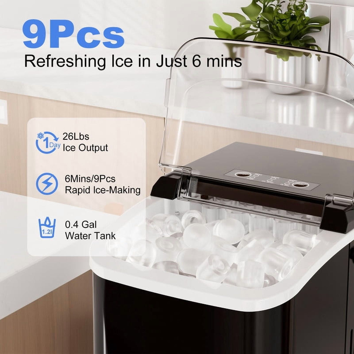 Countertop Ice Maker: 9 Bullet Ice Cubes in 6 Mins, /24H, with Scoop & Basket