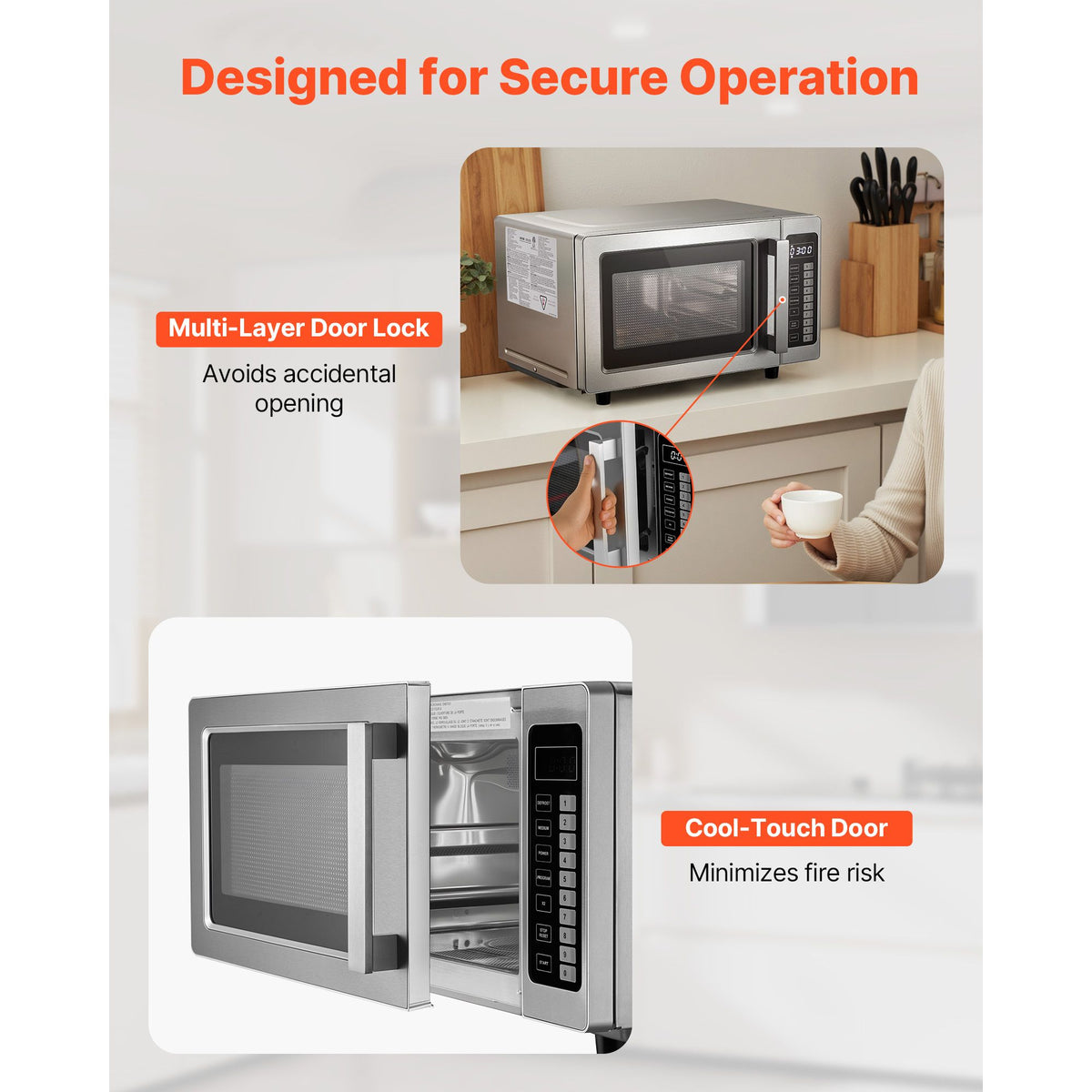 Commercial-Grade Countertop Microwave Oven with 100 Custom Menus and Triple Lock Door
