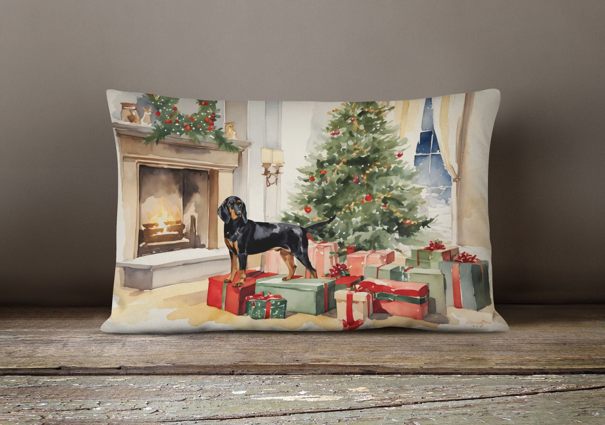 Black and Tan Coonhound Christmas Accent Pillow