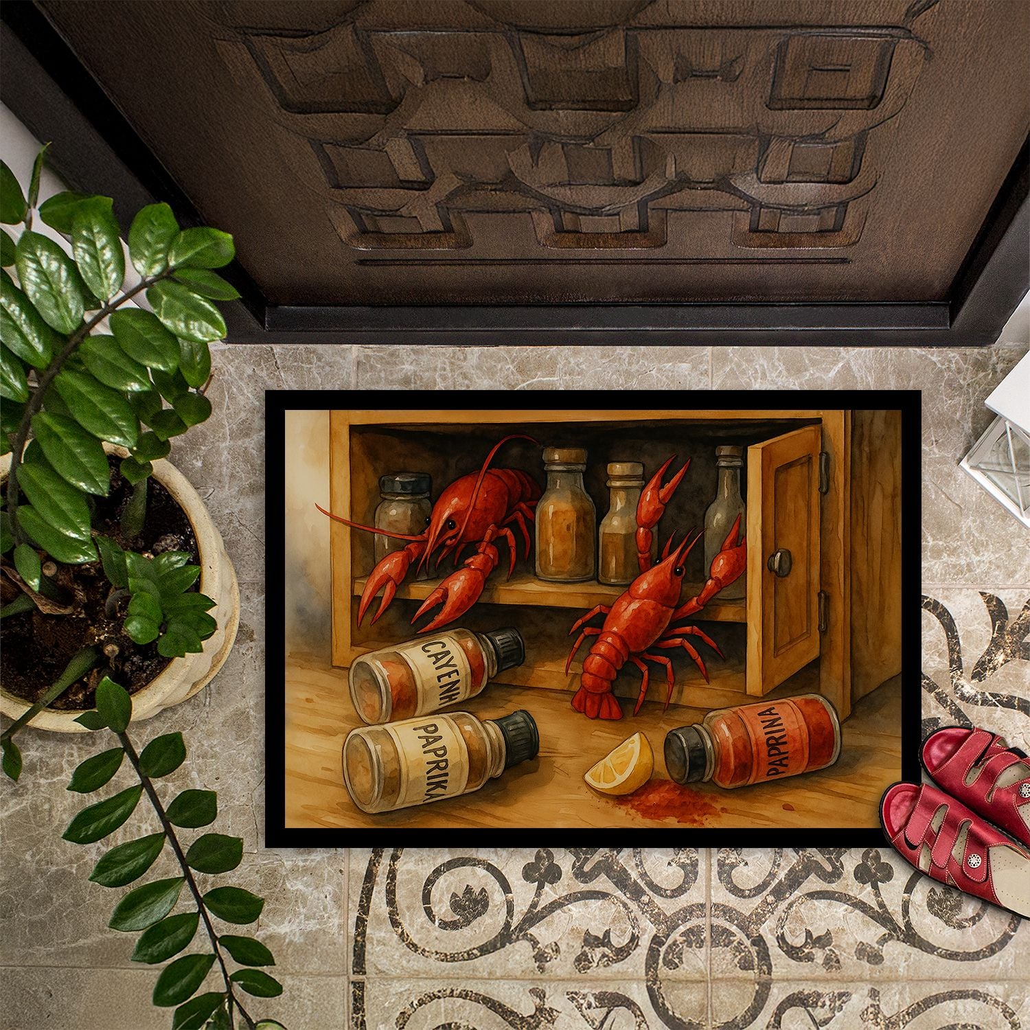 Crawfish and Spice Rack Doormat – Indoor Outdoor Entryway Mat with Artwork Design
