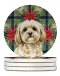 Cream Lhasa Apso Christmas PoinsettIas Large Sandstone Coasters Pack of 4 Absorbent Round Coasters D