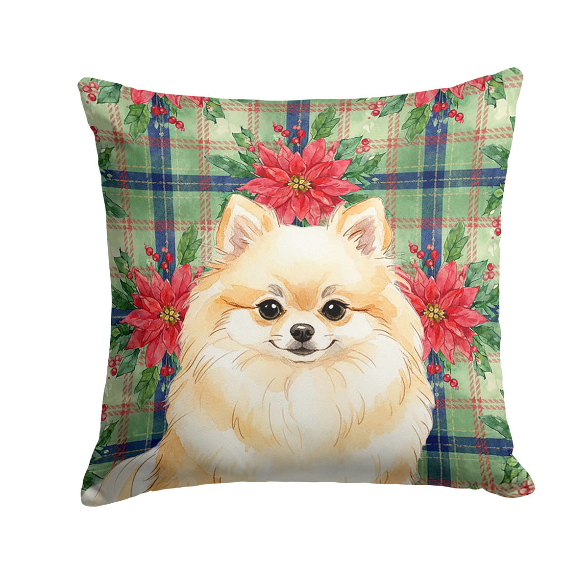 Cream Pomeranian Christmas Poinsettia Pillow
