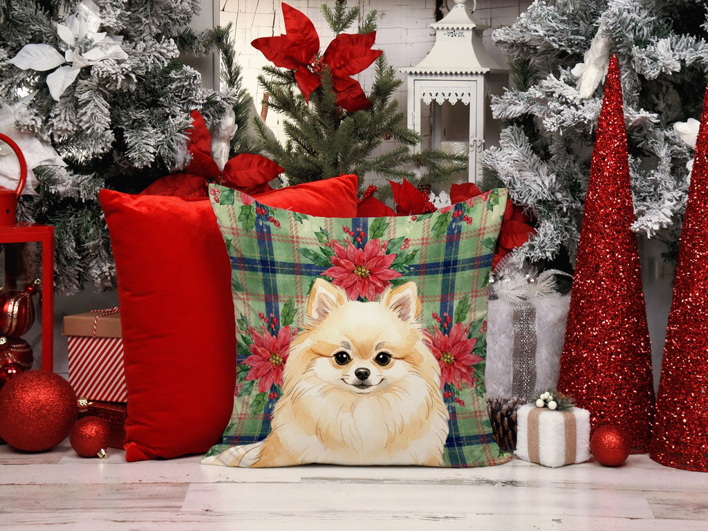 Cream Pomeranian Christmas Poinsettia Pillow