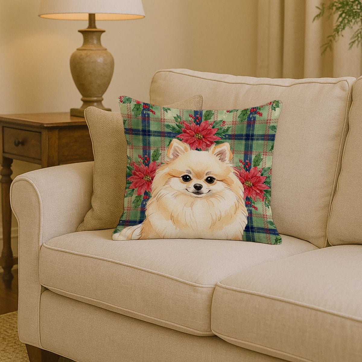 Cream Pomeranian Christmas Poinsettia Pillow